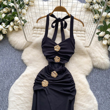 Elegant Black Halterneck Bodycon Satin Long Evening Gowns  ED02921