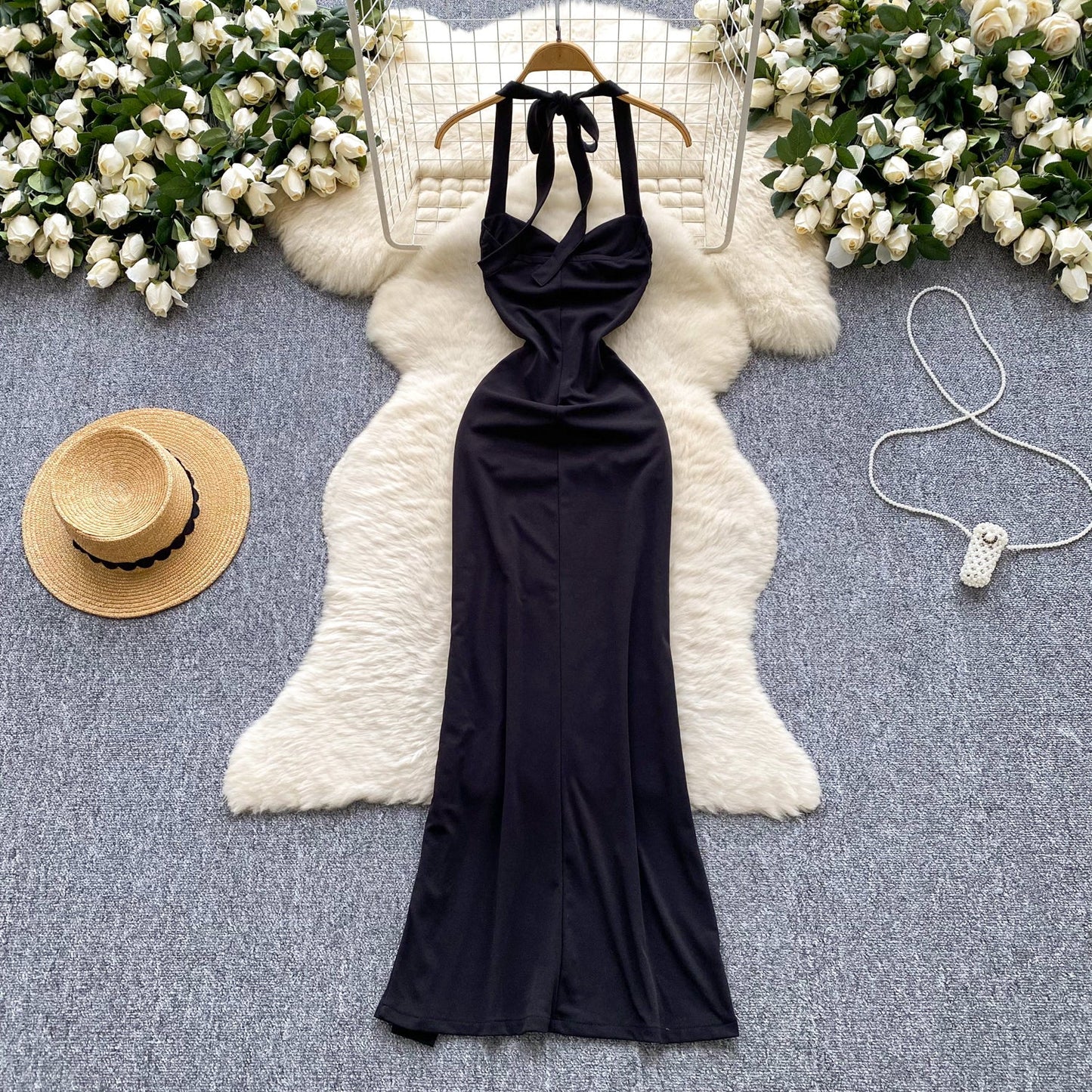 Elegant Black Halterneck Bodycon Satin Long Evening Gowns  ED02921