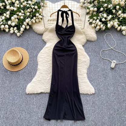 Elegant Black Halterneck Bodycon Satin Long Evening Gowns  ED02921