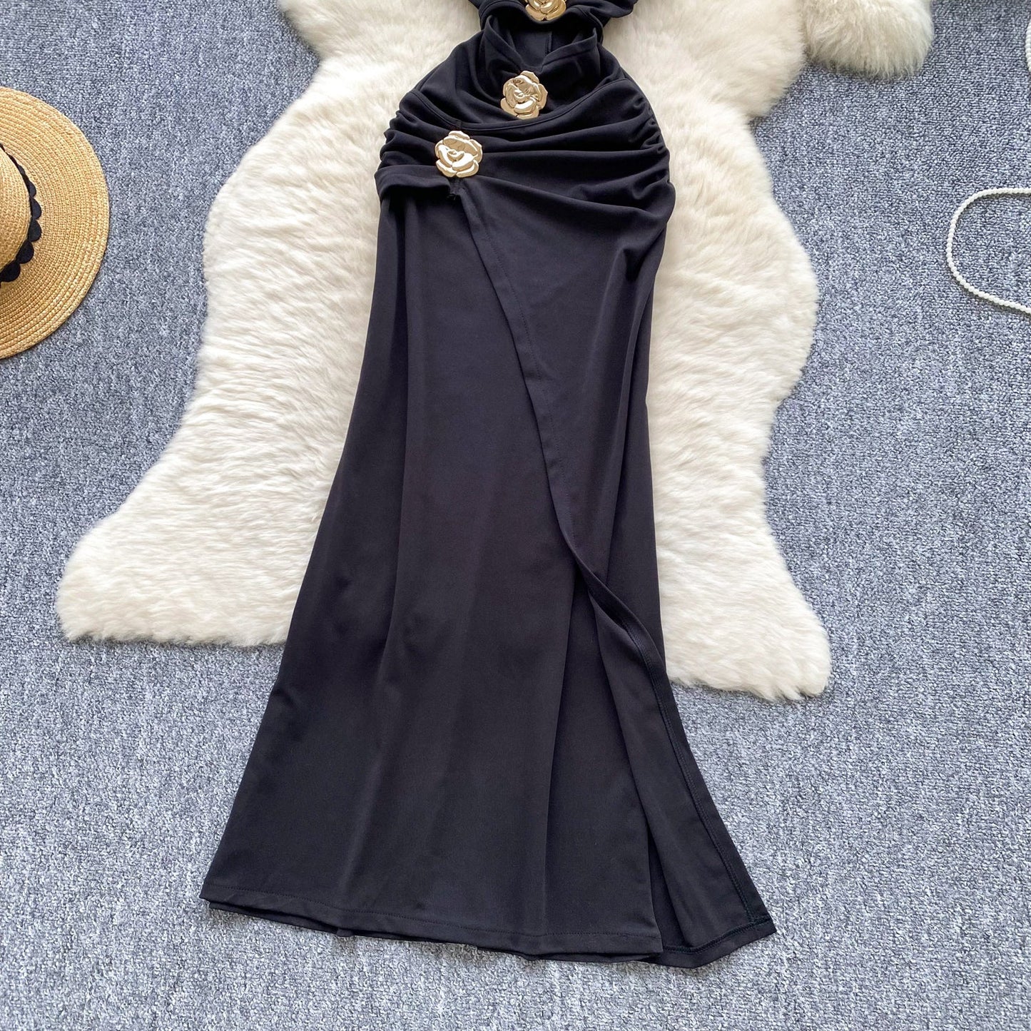 Elegant Black Halterneck Bodycon Satin Long Evening Gowns  ED02921