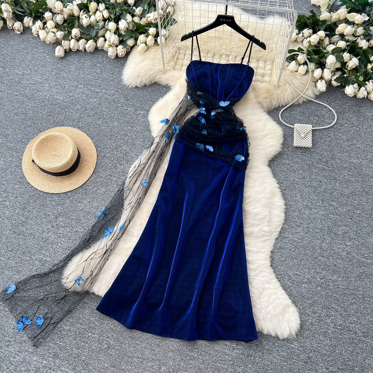 Stunning Navy Blue Spaghetti Straps Sheath Long Party Dress for Birthday&Events ED02922