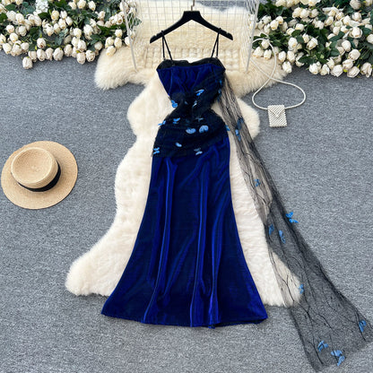 Stunning Navy Blue Spaghetti Straps Sheath Long Party Dress for Birthday&Events ED02922