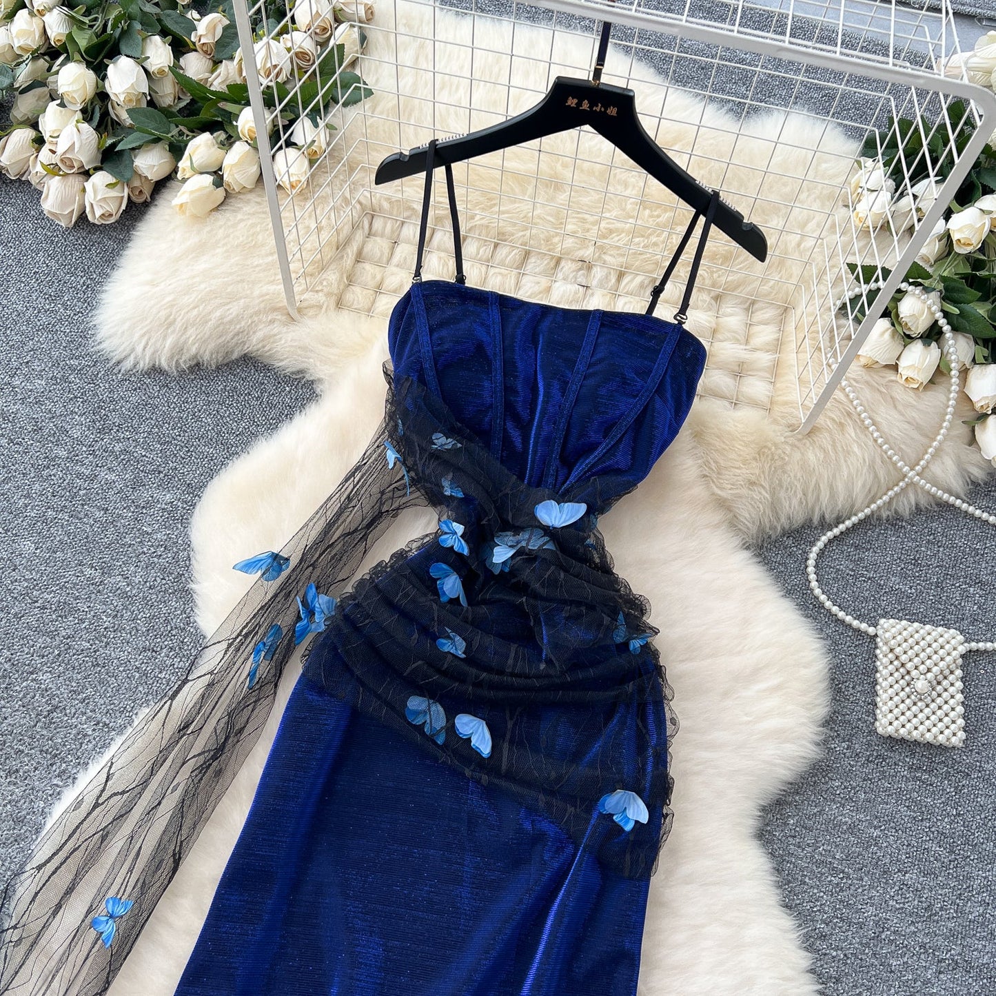 Stunning Navy Blue Spaghetti Straps Sheath Long Party Dress for Birthday&Events ED02922