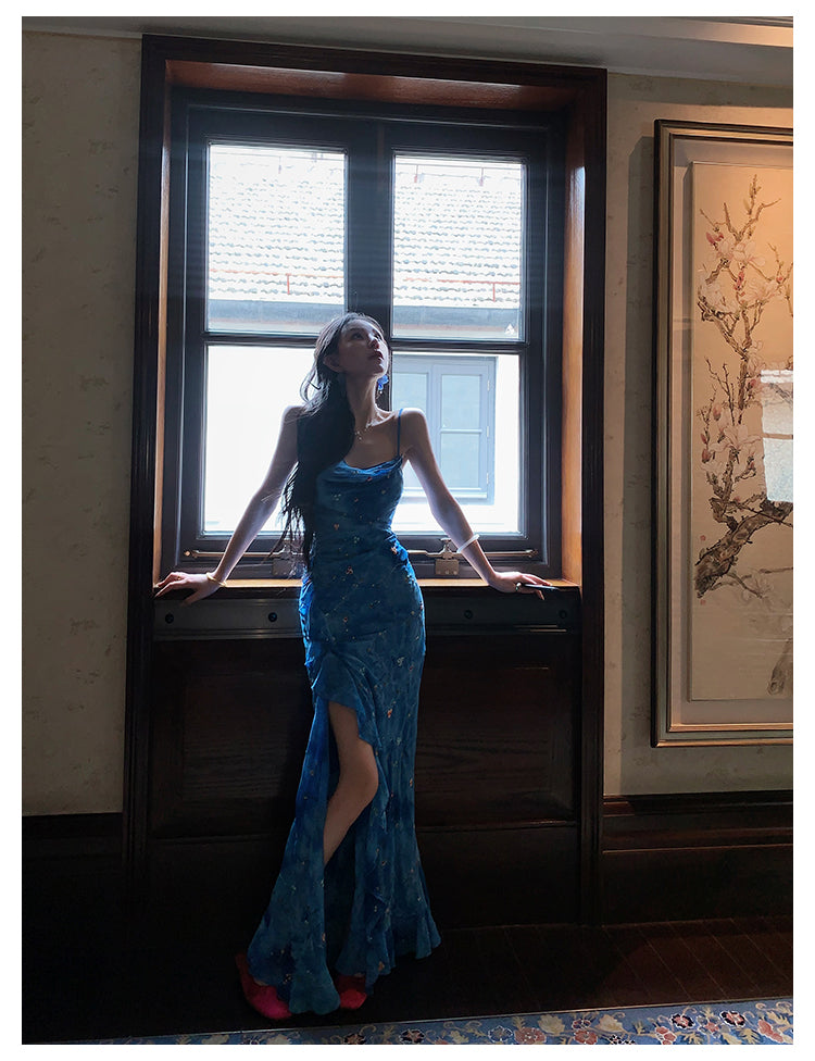 Sweetheart Blue Spaghetti Straps Mermaid Chiffon Long Prom Dresses Elegant Evening Gowns with Slit ED02923