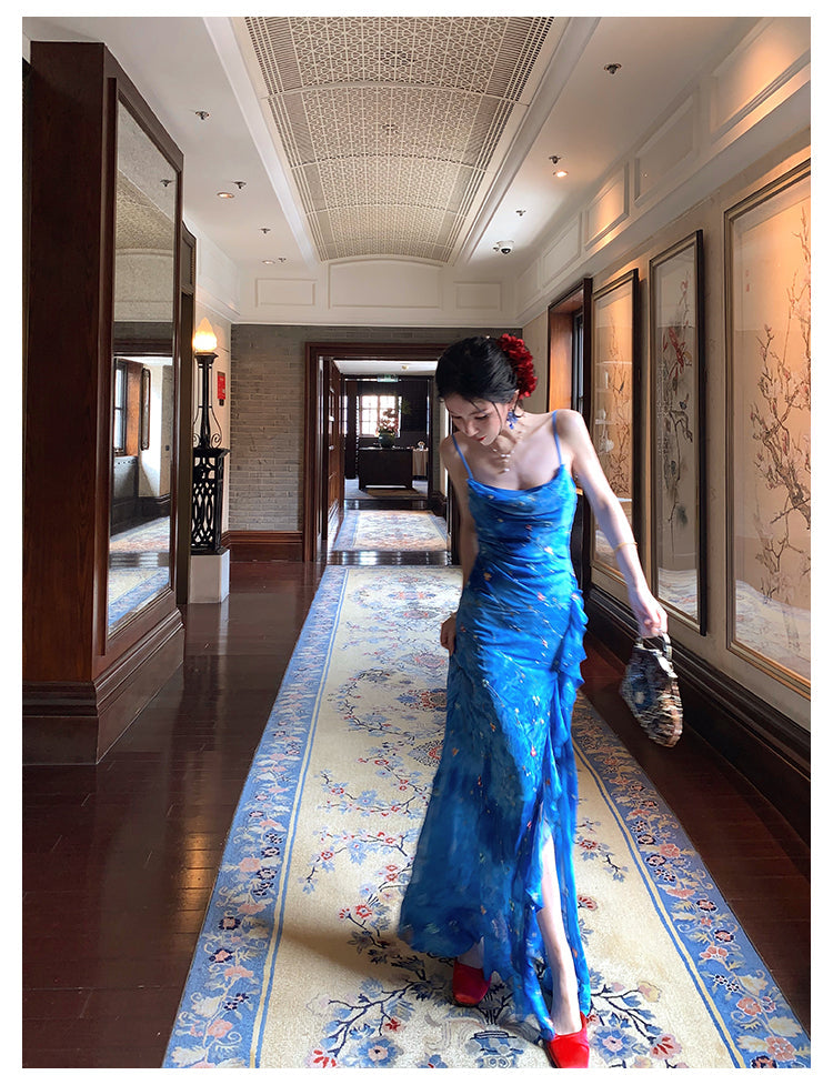 Sweetheart Blue Spaghetti Straps Mermaid Chiffon Long Prom Dresses Elegant Evening Gowns with Slit ED02923