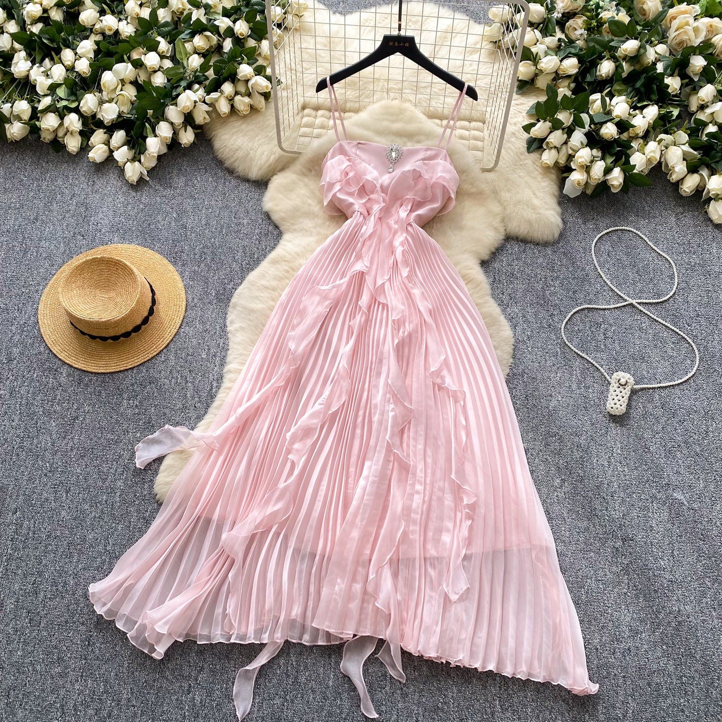 Sweetheart Pink Spaghetti Straps Sheath Chiffon Dress Cocktail Party Dress ED02924