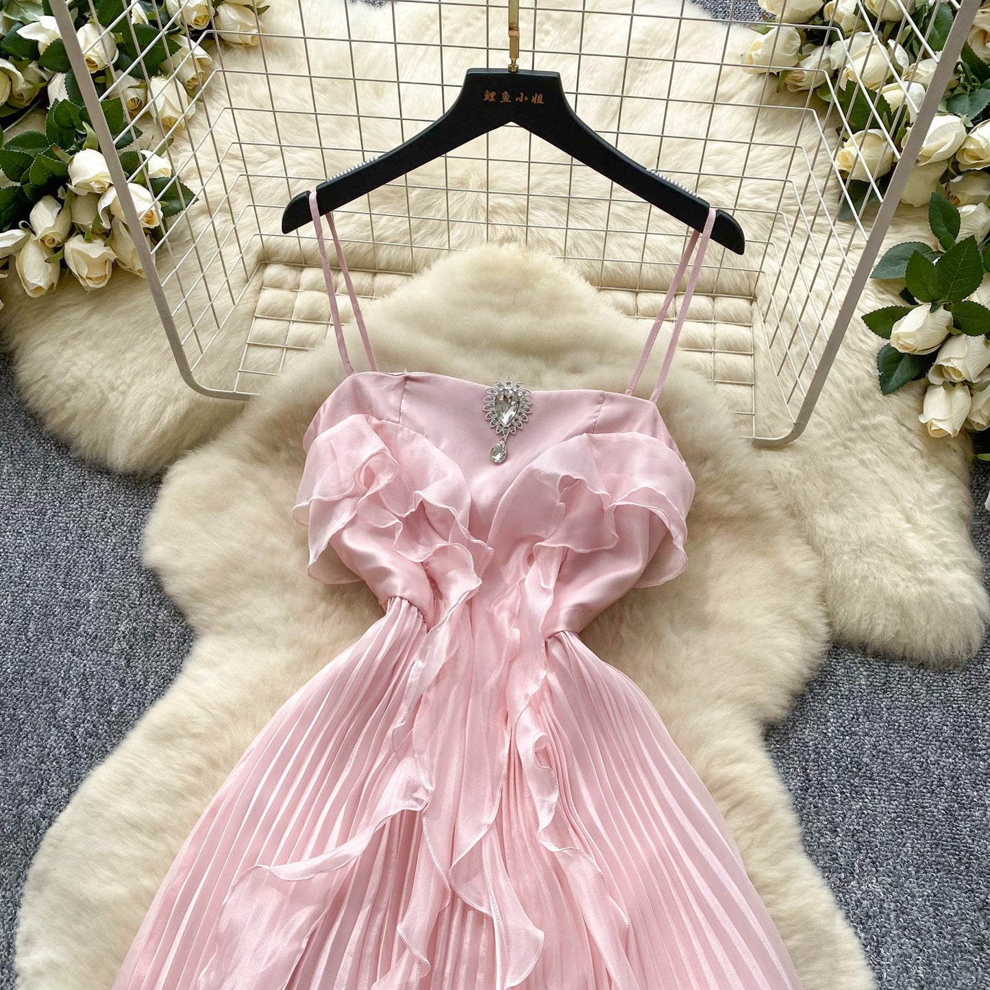 Sweetheart Pink Spaghetti Straps Sheath Chiffon Dress Cocktail Party Dress ED02924