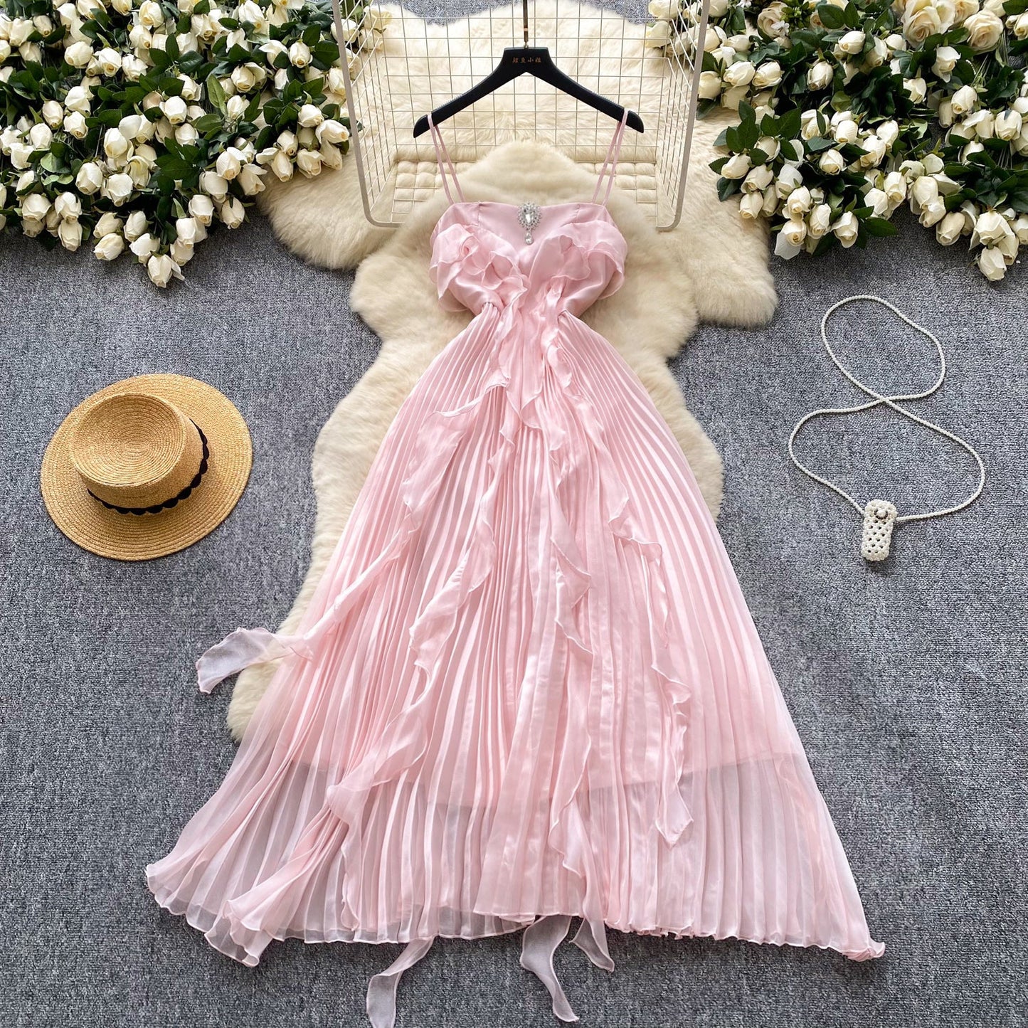 Sweetheart Pink Spaghetti Straps Sheath Chiffon Dress Cocktail Party Dress ED02924