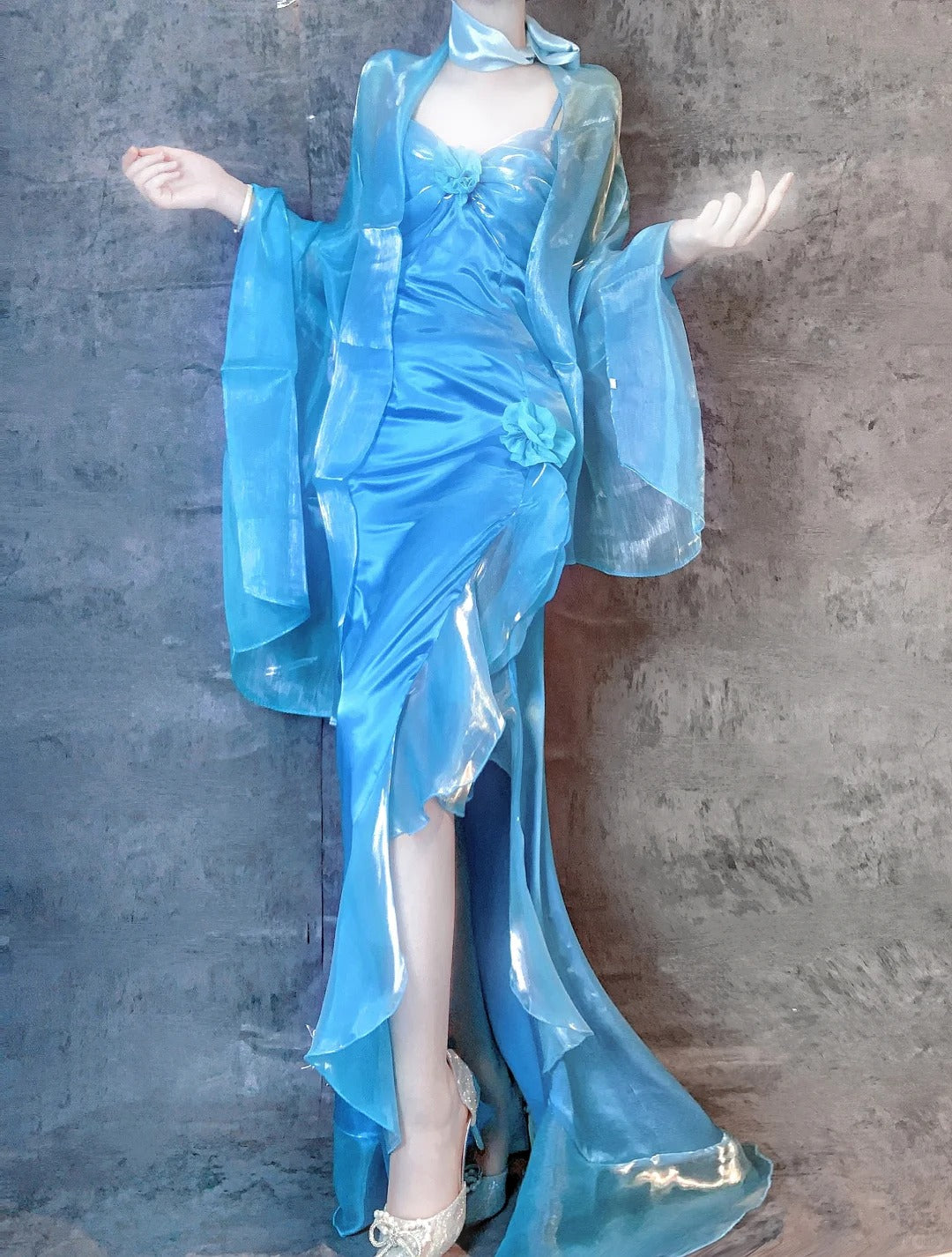 Gorgeous Blue Spaghetti Straps Mermaid Evening Gowns Chiffon Satin Long Stunning Prom Dresses ED02925