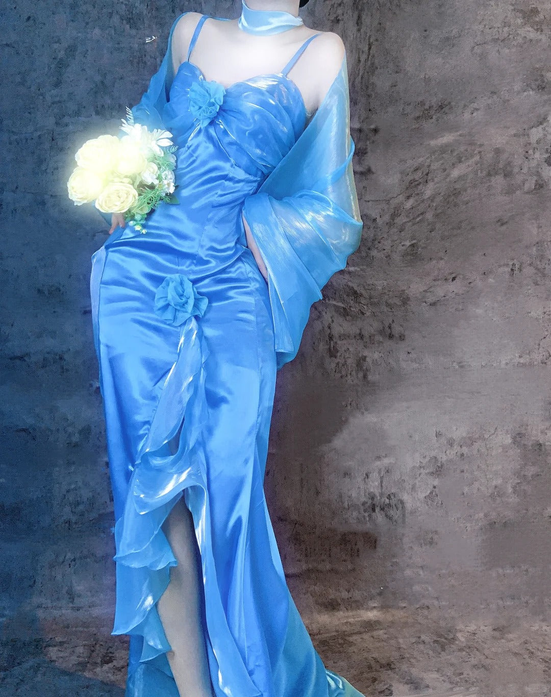 Gorgeous Blue Spaghetti Straps Mermaid Evening Gowns Chiffon Satin Long Stunning Prom Dresses ED02925