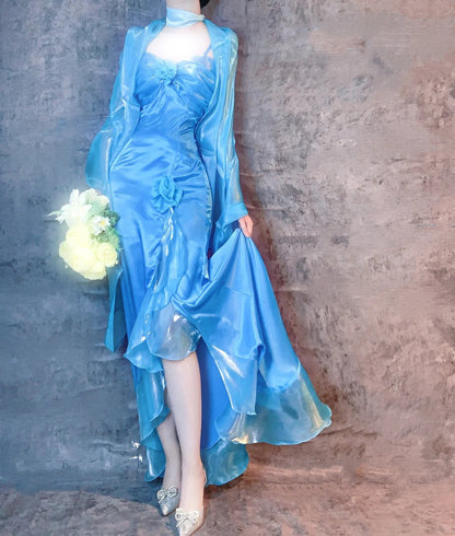 Gorgeous Blue Spaghetti Straps Mermaid Evening Gowns Chiffon Satin Long Stunning Prom Dresses ED02925