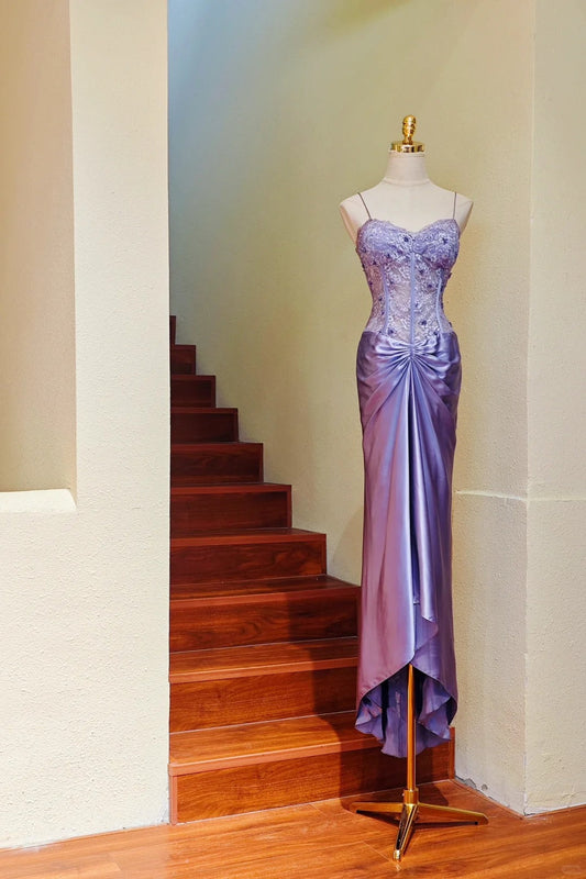 Purple Spaghetti Straps Sheath Satin Lace Appliqué Long Stunning Prom Dresses Formal Evening Gowns ED02926