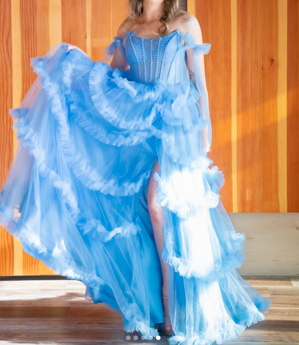 Sweet Blue Spaghetti Straps A-Line Tulle Long Prom Dresses Formal Evening Gowns with Slits ED02928