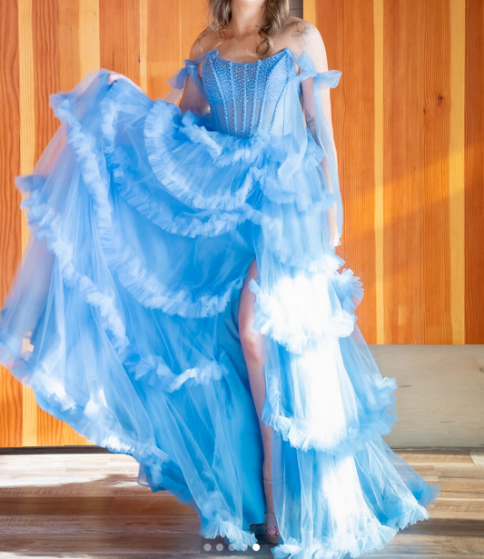 Sweet Blue Spaghetti Straps A-Line Tulle Long Prom Dresses Formal Evening Gowns with Slits ED02928