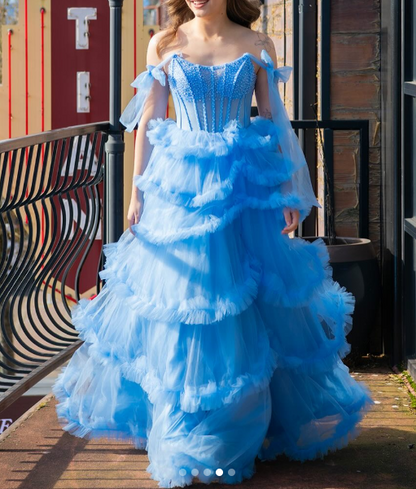 Sweet Blue Spaghetti Straps A-Line Tulle Long Prom Dresses Formal Evening Gowns with Slits ED02928