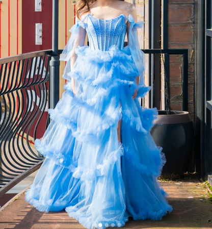 Sweet Blue Spaghetti Straps A-Line Tulle Long Prom Dresses Formal Evening Gowns with Slits ED02928