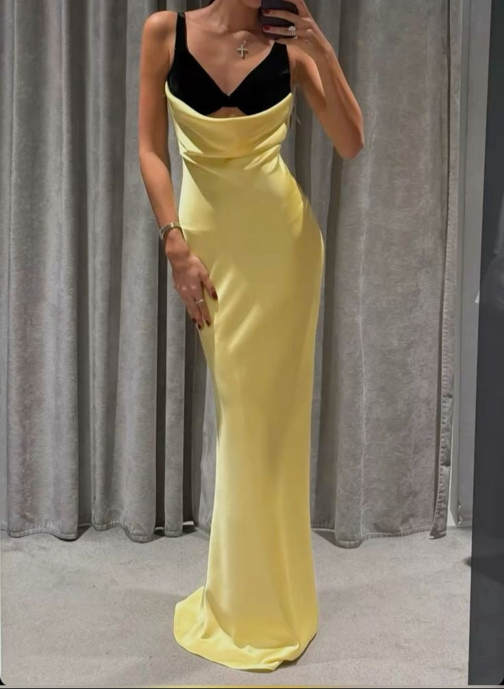 Fashion Yellow V Neck Sheath Satin Long Prom Dresses Birthday Party Dress ED02929
