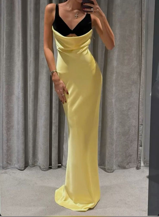 Fashion Yellow V Neck Sheath Satin Long Prom Dresses Birthday Party Dress ED02929