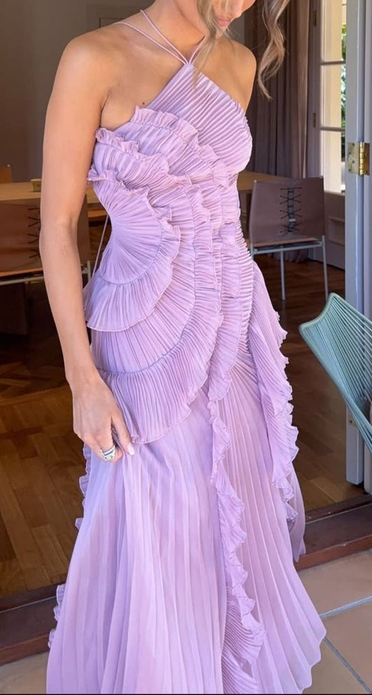 Elegant Purple Halter A-Line Chiffon Ruffles Long Prom Dresses Birthday Party Dress ED02931