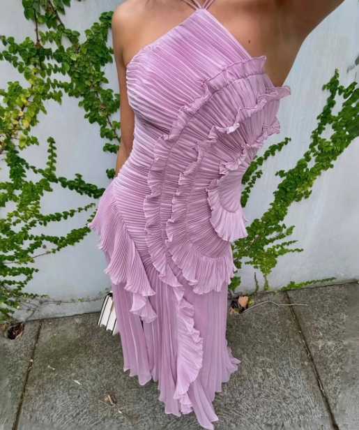 Elegant Purple Halter A-Line Chiffon Ruffles Long Prom Dresses Birthday Party Dress ED02931