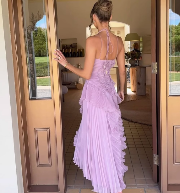 Elegant Purple Halter A-Line Chiffon Ruffles Long Prom Dresses Birthday Party Dress ED02931