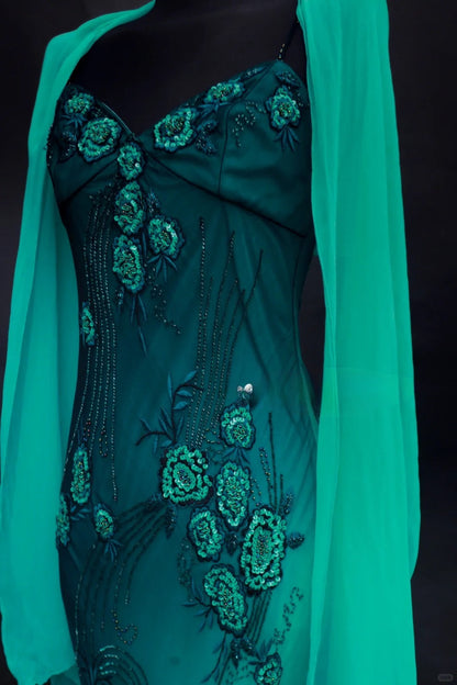 Stunning Jade Gradient Spaghetti Straps Sheath Chiffon Beading Long Prom Dresses Classic Formal Evening Gowns ED02934