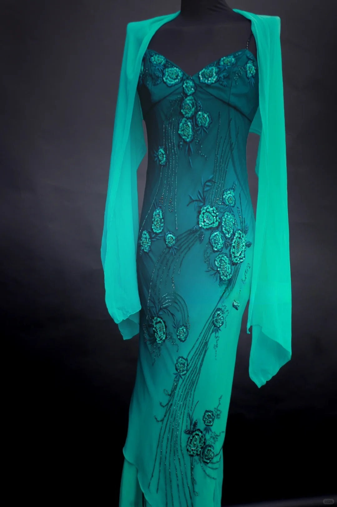 Stunning Jade Gradient Spaghetti Straps Sheath Chiffon Beading Long Prom Dresses Classic Formal Evening Gowns ED02934