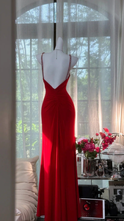 Gorgeous Red Sweetheart Neck Sheath Chiffon Backless Long Party Dresses Elegant Simple Evening Gowns with Diamonds ED02938