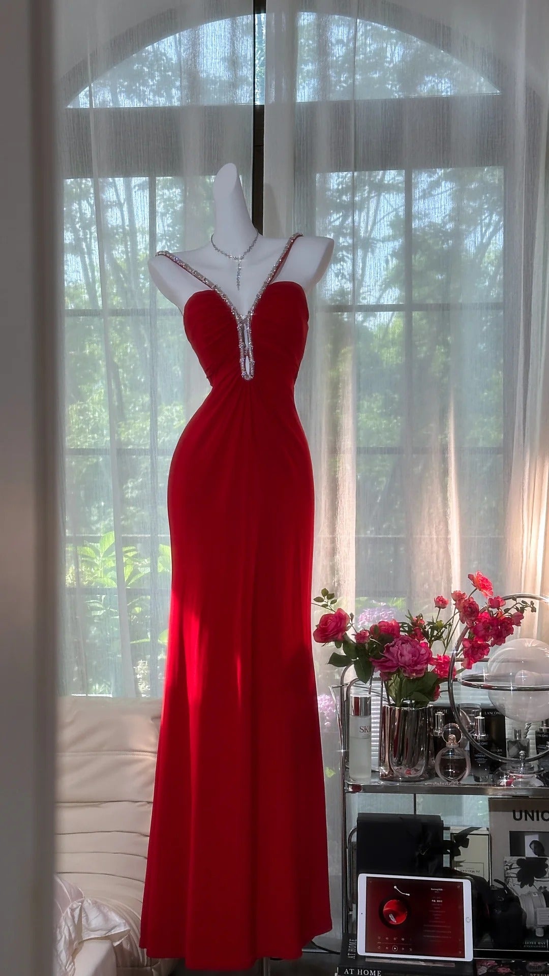 Gorgeous Red Sweetheart Neck Sheath Chiffon Backless Long Party Dresses Elegant Simple Evening Gowns with Diamonds ED02938