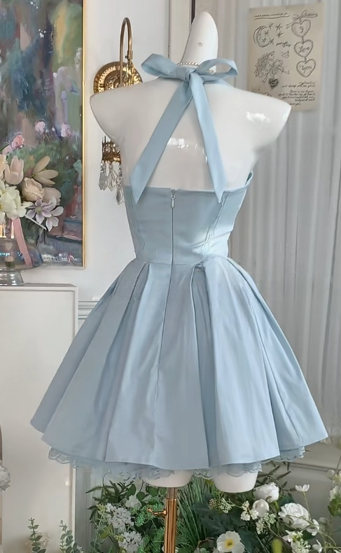 Cute Blue Halter Neck A-Line Satin Short Prom Dresses Homecoming Dress with Open Back ED02940