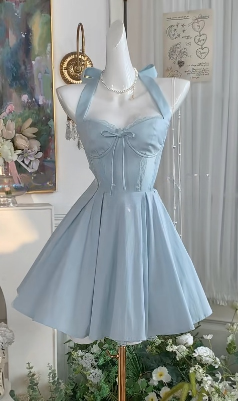 Cute Blue Halter Neck A-Line Satin Short Prom Dresses Homecoming Dress with Open Back ED02940