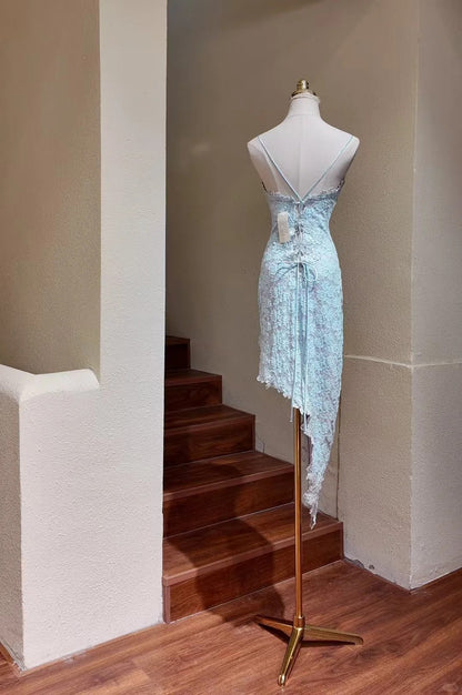 Elegant Light Blue Spaghetti Straps Sheath Lace Short Party Dresses ED02941