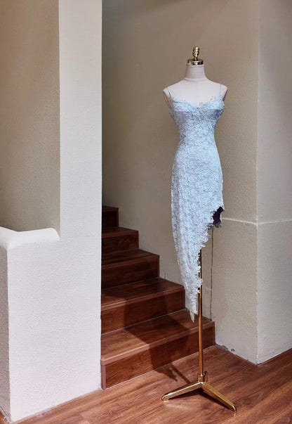 Elegant Light Blue Spaghetti Straps Sheath Lace Short Party Dresses ED02941