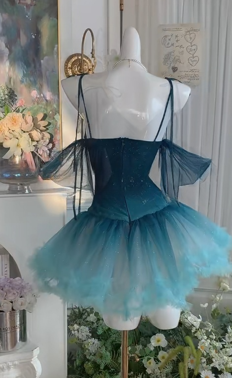 Stunning Gradient Jade V-neck A-Line Tulle Short Party Dresses Sweetheart 16 Birthday Dress ED02942