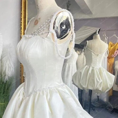 Classic White Square Neck A-Line Short Satin Birthday Evening Gowns Sweet Party Dress with Pearls ED02944