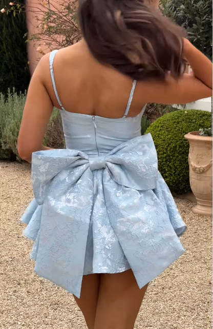 Gorgeous Blue Spaghetti Straps A-Line Jacquard Satin Short Prom Dresses Sweetheart 17 Birthday Evening Gowns ED02948