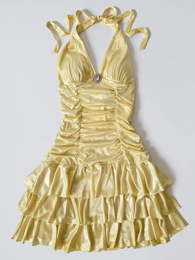 Y2K Halter Yellow A-Line Satin Short Party Dress ED02950