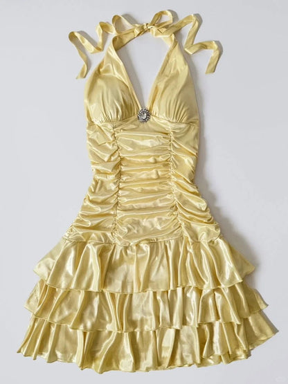 Y2K Halter Yellow A-Line Satin Short Party Dress ED02950
