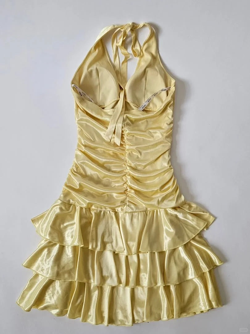 Y2K Halter Yellow A-Line Satin Short Party Dress ED02950