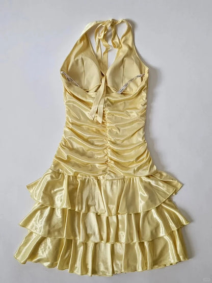Y2K Halter Yellow A-Line Satin Short Party Dress ED02950