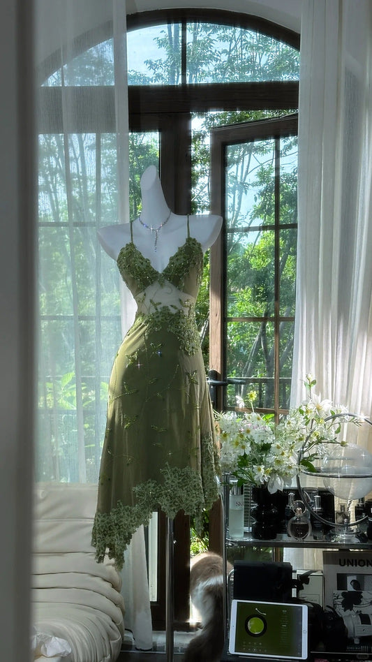 Stunning Green Spaghetti Straps A-Line Chiffon Beaded Short Prom Dresses ED02951