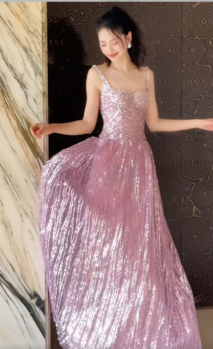 Gorgeous Square Neck A-Line Sequins Long Prom Dresses Sweet Birthday Evening Gowns ED02953