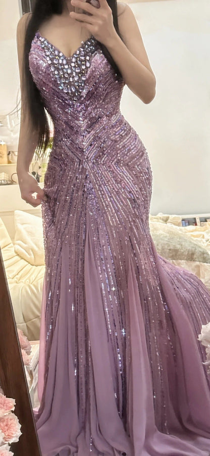 Stunning Purple V-neck Mermaid Beaded Chiffon Long Prom Dresses Vintage Evening Gowns ED02954