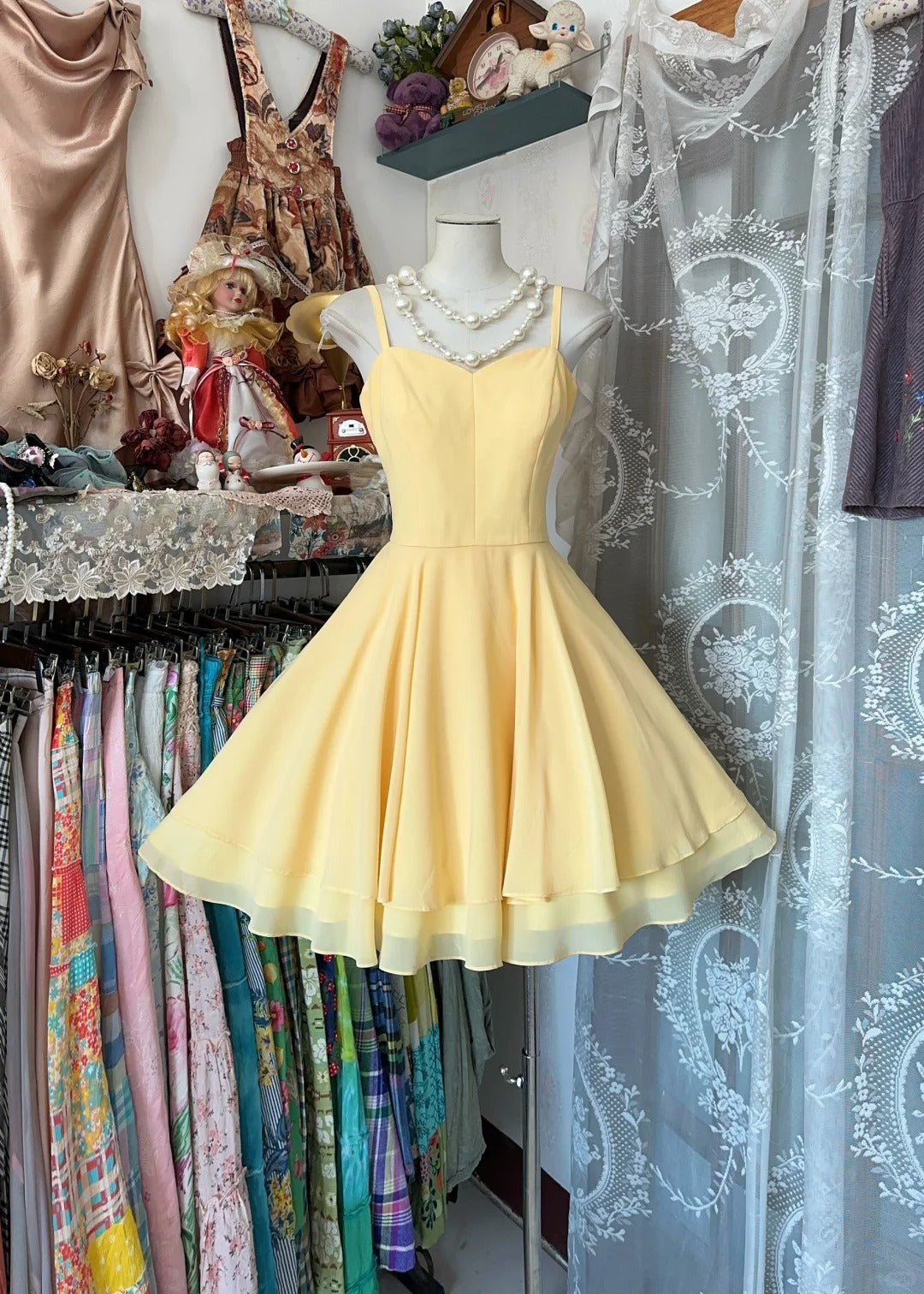 Vintage Yellow Spaghetti Straps A-Line Chiffon Short Birthday Party Dress ED02959
