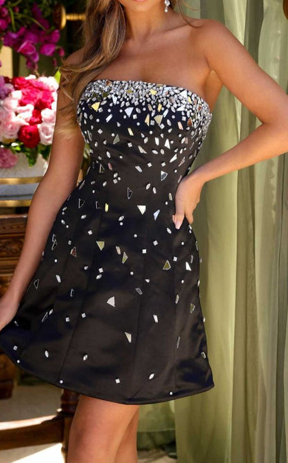 Fashion Black Strapless A-line Satin Short Evening Gowns Sweet 17 Dress with Diamonds ED02961