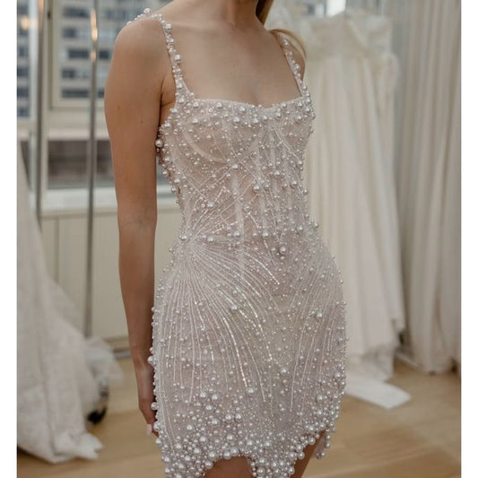 Sweet White Square Neck Sheath Beaded  Short Wedding Dress Birthday Evening Gowns ED02963