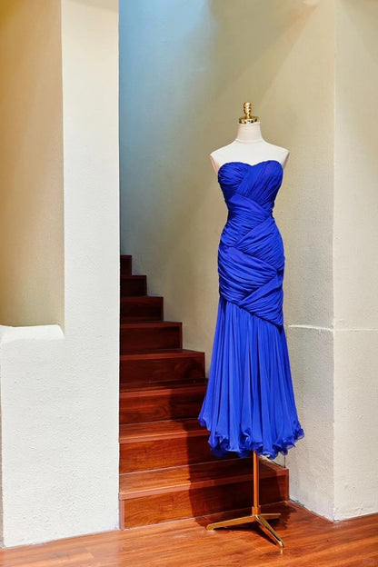 Fashion Klein Blue Strapless Mermaid Chiffon Long Prom Dresses Unique Birthday Evening Gowns ED02966