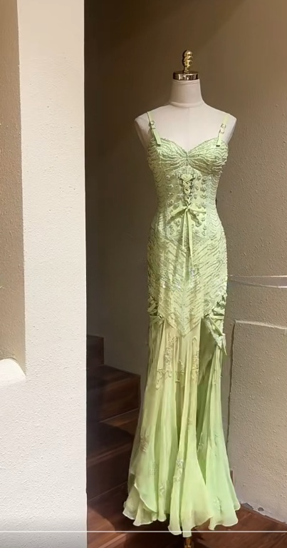 Elegant Green Sweetheart Mermaid Chiffon Beaded Prom Dresses Vintage Evening Gowns ED02968