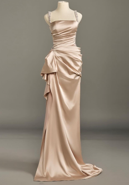 Elegant Champagne Square Neck Sheath Satin Long Prom Dresses Formal Evening Gowns ED02970