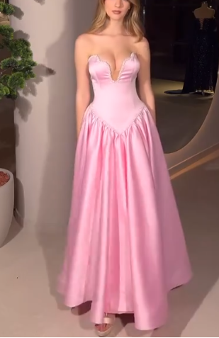 Classic Pink Strapless A-Line Satin Long Prom Dresses Formal Evening Gowns ED02969